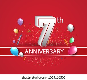 7th anniversary design red background with balloons and confetti for company celebration event 
