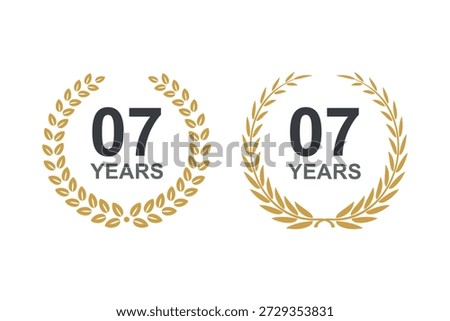 7th anniversary laurel wreath. 7 years anniversary floral laurel wreath. 7th Anniversary icon or logo with laurel wreath. 7 years celebration label