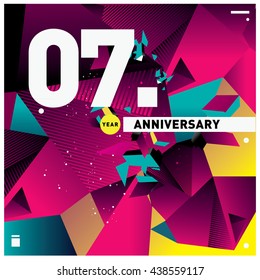 7th anniversary logo with colorful triangle shape. Anniversary signs illustration. Vibrant colors anniversary logo with geometric shape and triangle shape