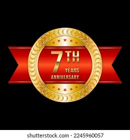 7th Anniversary. Anniversary logo design with gold color text and red ribbon for anniversary celebration event. Logo Vector Illustration