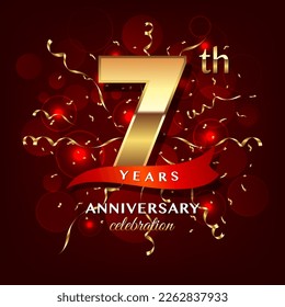 7th Anniversary logo design with golden numbers and red ribbon for anniversary celebration event, invitation, wedding, greeting card, banner, poster, flyer, brochure, book cover. Logo Vector Template