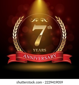 7th Anniversary. Anniversary logo design with Laurel wreath and red ribbon for celebration event, wedding, invitation, greeting card. Vector illustration