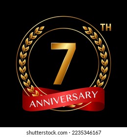 7th Anniversary. Anniversary Logo Design with Laurel Wreath and Red Ribbon for Celebration Event, Wedding, Invitation, Greeting Card. Logo Vector Illustration