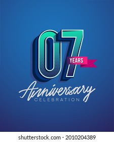 7th Anniversary Logo Design With Ribbon, Elegant Anniversary Logo With Blue Color, Design for banner and invitation card of anniversary celebration.