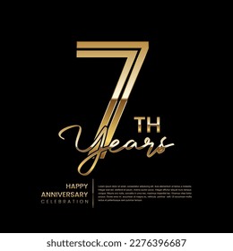7th anniversary logo with double line style. Gold line art design. Logo Vector Template