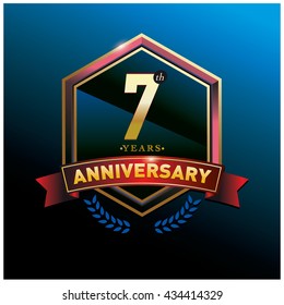 7th anniversary logo with gold ring and red ribbon. Anniversary signs illustration. Gold anniversary logo design and illustration