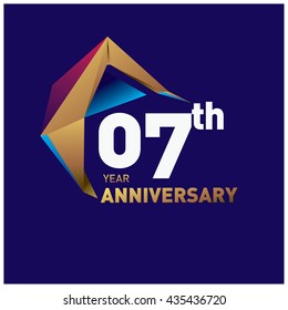 7th anniversary logo with gold shape modern looks. Anniversary signs illustration. Gold anniversary logo design and illustration