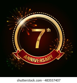 7th anniversary logo golden colored using ring, red ribbon, and fireworks background