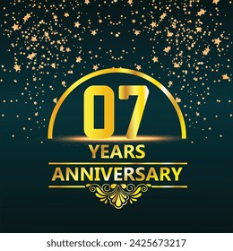 7th anniversary logo with golden ring, confetti and red ribbon isolated on elegant black background, sparkle, vector design for greeting card and invitation card