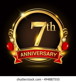 7th anniversary logo with golden ring,balloons and red ribbon. Vector design template elements for your birthday celebration.