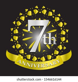 7th anniversary logo with silver and gold ribbon. Vector design template elements for your birthday celebration.