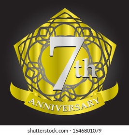7th anniversary logo with silver and gold ribbon. Vector design template elements for your birthday celebration.