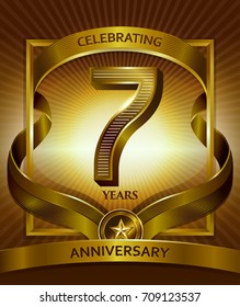 7th anniversary logo. Vector and illustration shiny gold ribbon