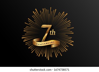 7th anniversary logotype with fireworks and golden ribbon, isolated on elegant background. vector anniversary for celebration, invitation card, and greeting card.