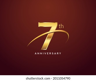 7th anniversary logotype golden color with swoosh, isolated on elegant background for anniversary celebration event.