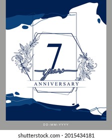 7th Anniversary logotype with hand drawn background blue color for celebration event, wedding, greeting card, and invitation.