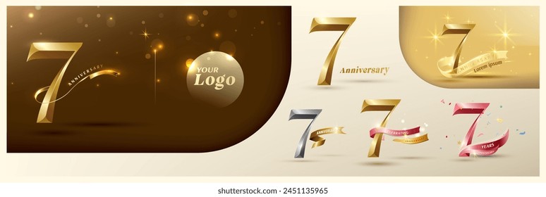 7th anniversary logotype modern gold number with shiny ribbon. alternative logo number Golden anniversary celebration