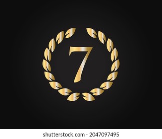 7th Anniversary Ring Logo Template. 7th Years Anniversary Logo With Golden Ring Isolated On Black Background, For Birthday, Anniversary And Company Celebration