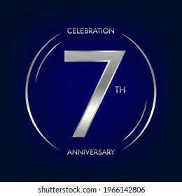 7th anniversary. Seven years birthday celebration banner in silver color. Circular logo with elegant number design.