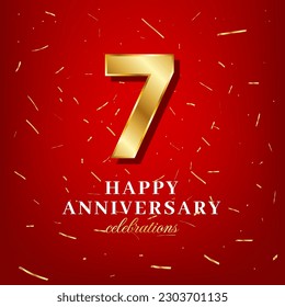 7th anniversary vector template with a golden number and golden confetti spread on a red background