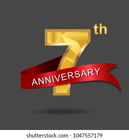 7th anniversary years celebration logotype. Logo gold numbers and ribbon gray background.  