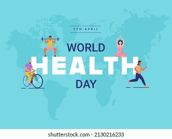 7th April, World Health Day Font With Cartoon People Character In Different Activities On Blue World Map Background.