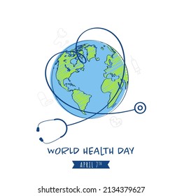 7th April, World Health Day Concept With Doodle Stethoscope And Earth Globe Illustration On White Background.