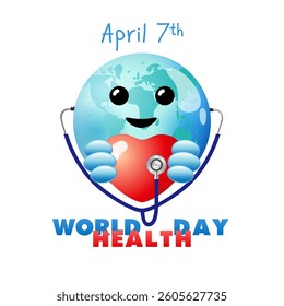 7th of April World Health Day cute poster with 3D graphic elements. Creative symbol of planet Earth holding red heart. Blue golbe with stethoscope holds heart icon. April 7th event medical banner.