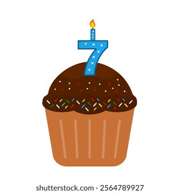 7th Birthday Cake. Chocolate cupcake clip art vector. Cupcake with colourful mess candy isolated on a white background. Anniversary cake. Birthday cake. Valentine cupcake