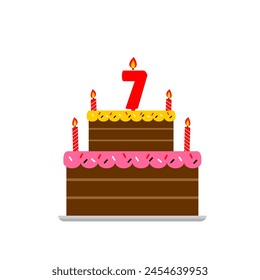 7th birthday cake chocolate and red numeric candle. cartoon style tart happy birthday for kids illustration