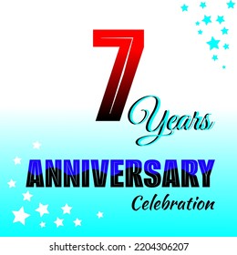 7th birthday celebration background. Red gradient colored numbers and blue gradient background decorated with stars.
