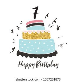 7th Birthday Hand Drawn Cake Birthday Card