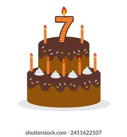 7th cake birthday chocolate taste with orange candle elemen and white background vector editable