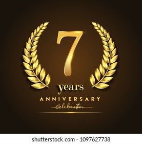 7th gold anniversary celebration logo with golden color and laurel wreath vector design.