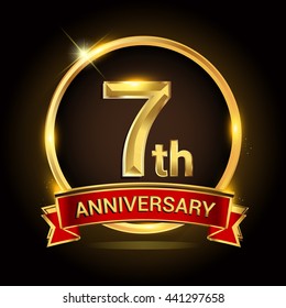 7th golden anniversary logo with ring and red ribbon isolated on black background, vector design for birthday celebration, marriage, corporate, and your business.