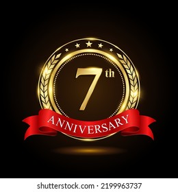 7th golden anniversary logo, with shiny ring and red ribbon, Laurel wrath isolated on black background, vector design