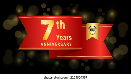 7th Golden Anniversary Template Design With Red Ribbon, Logo Vector Illustration