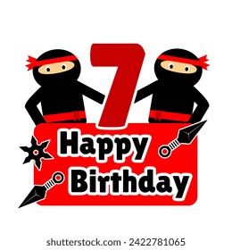 7.º feliz cumpleaños tema ninja color negro rojo blanco. ninja mascot feliz cumpleaños con kunai o elemento de herramientas ninja tradicionales