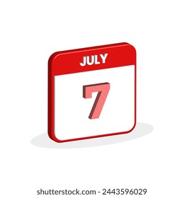 7th July calendar 3D icon. 3D July 7 calendar Date, Month icon vector illustrator