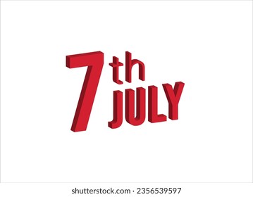 7th july , Daily calendar time and date schedule symbol. Modern design, 3d rendering. White background.