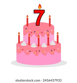 7º pastel de cumpleaños rosa con vela numeral roja estilo de dibujos animados 3d editable en Vector