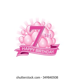 7th pink happy birthday logo with balloons and burst of light