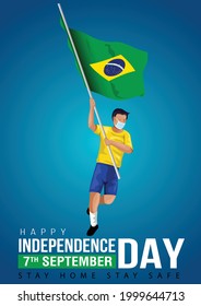  7th September Brazil Independence Day Banner Vector Illustration. Man Running With Brazilian Flag. Covid Corona Virus Concept