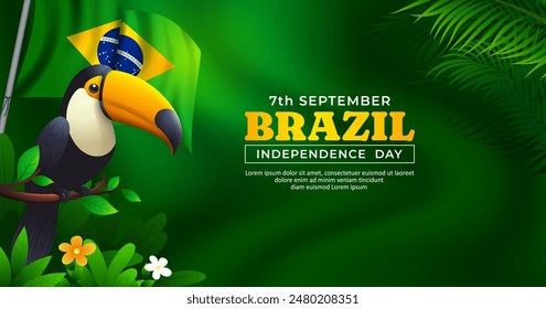 7th september Brazil Independence Day banner design, toucan bird with brazilian flag and tropical leaves Translation: order and progress