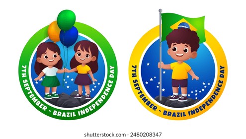 7th September, Brazilian Independence day sign or logo with brazilian cartoon kids illustration Translation: order and progress