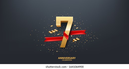 7th Year anniversary celebration background. 3D Golden number wrapped with red ribbon and confetti on black background.