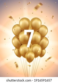 7th Year anniversary celebration background. Golden balloons and confetti with sunbeams in background.