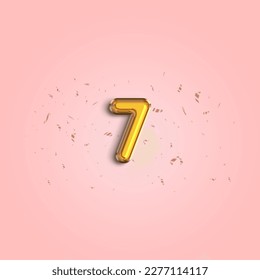 7th year Anniversary celebration design template. Number 7 flying foil balloon and confetti. Template for    Birthday, celebration or wedding event. 