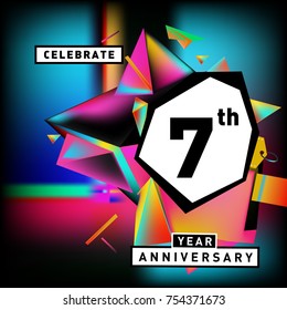 7th years anniversary card with colorful background. Seven years birthday logo on geometric colorful background.