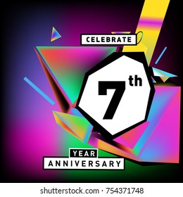 7th years anniversary card with colorful background. Seven years birthday logo on geometric colorful background.